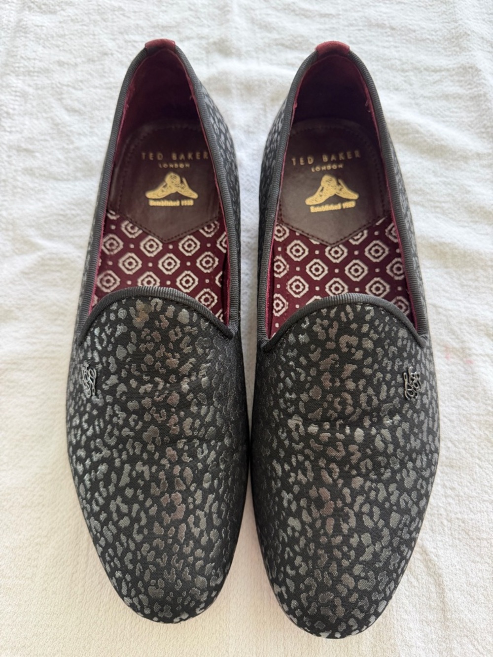 Ted Baker Black and Maroon Patterned Slip-On Loafers - Picture 1 of 8